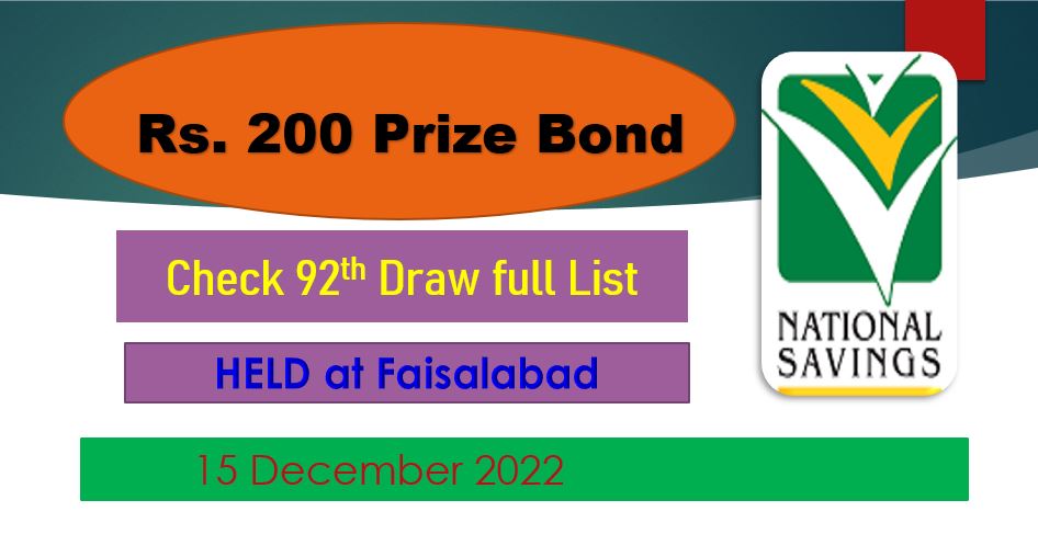 Rs. 200 Prize bond List 15 December 2022 Draw No.92 Faisalabad Results online
